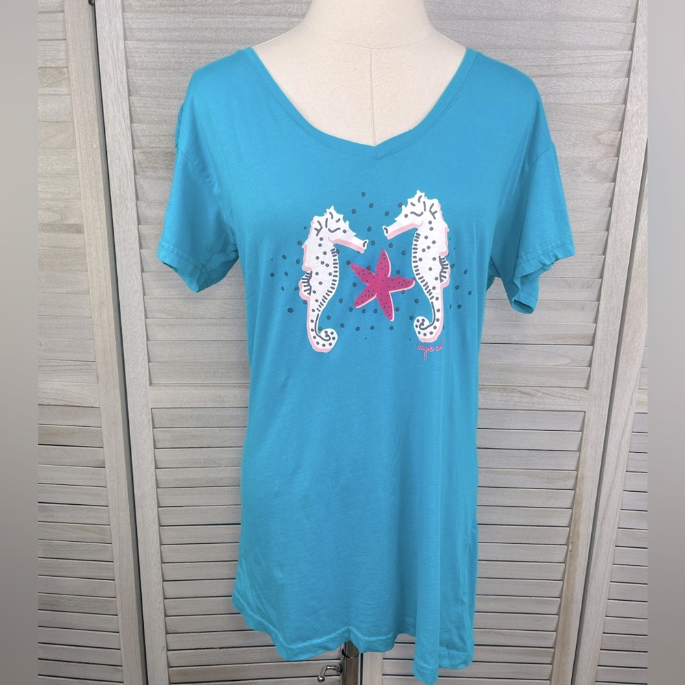 CUFFY'S OF CAPE COD V Neck Tee 100% Cotton Seahorse Design Teal Blue-XL